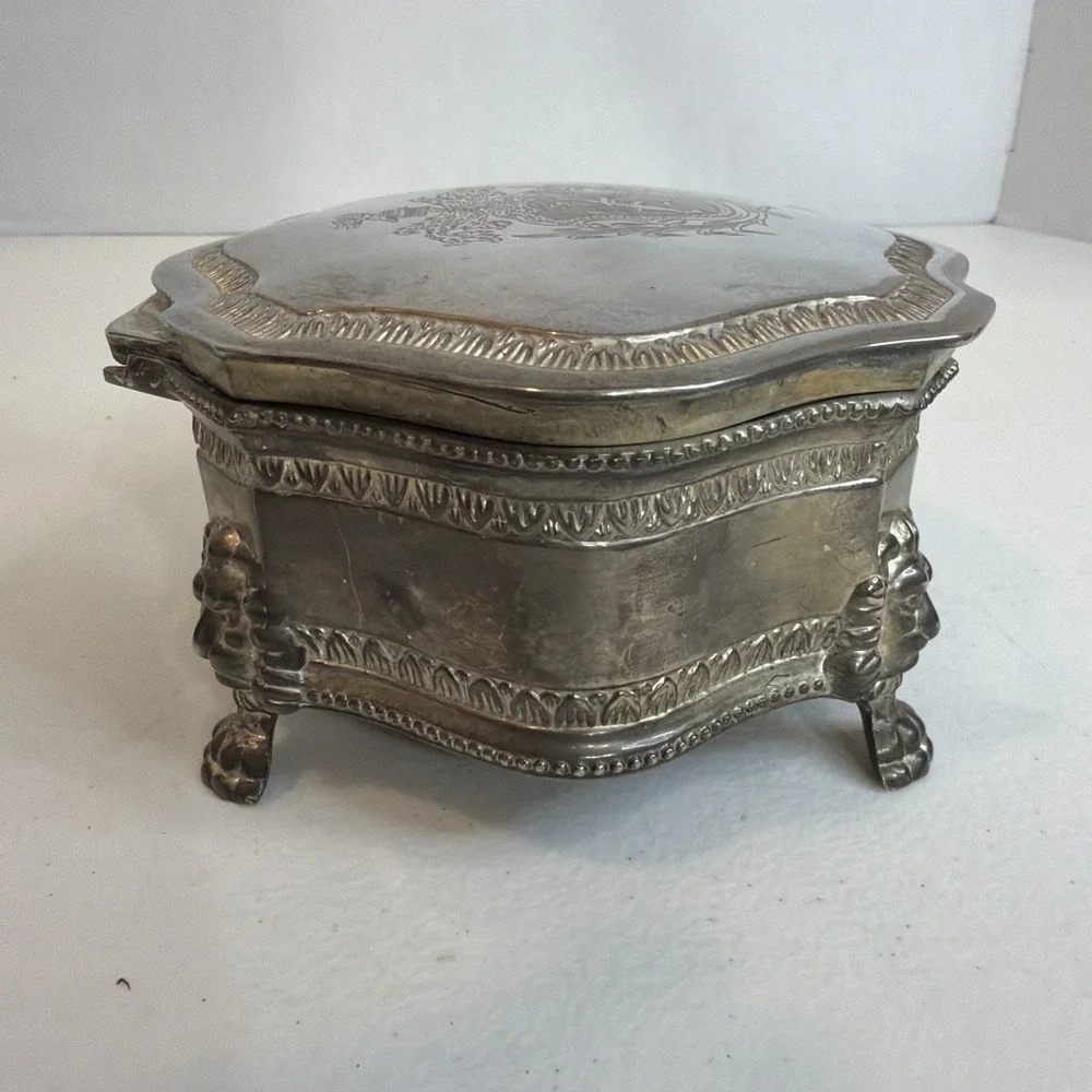 Vintage Silver Plated Jewelry Trinket Box Lion Feet British Royal Coat of Arms